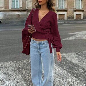 Burgundy Casual Women's Knotted Comfortable & Elegant wrap Cardigan Sweater top